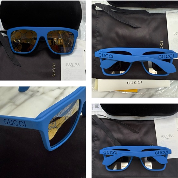GUCCI MATTE BLUE GREY MIRRORED “GG” MONOGRAM SQUARE SUNGLASSES - Picture 6 of 16